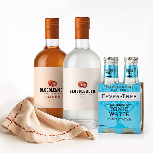 2 x Bloedlemoen Gin(Original+Amber), Fever-Tree Mediterranean Tonic plus FREE set of 2 Cotton Company Dinner Napkins